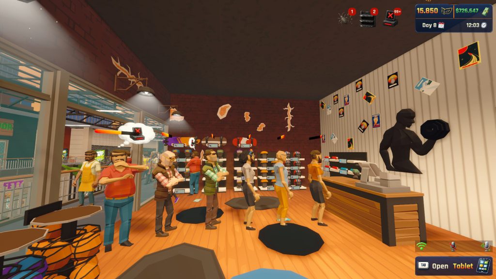 A busy Retail Rivals shop with customers, displays, and checkout tasks