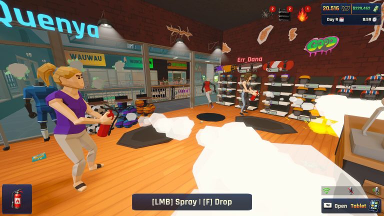 A Retail Rivals player using a spray can inside a rival shop
