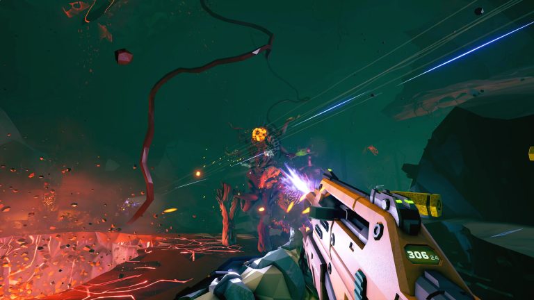 A Rogue Core squad concentrating fire on a large Corespawn target in a cavern