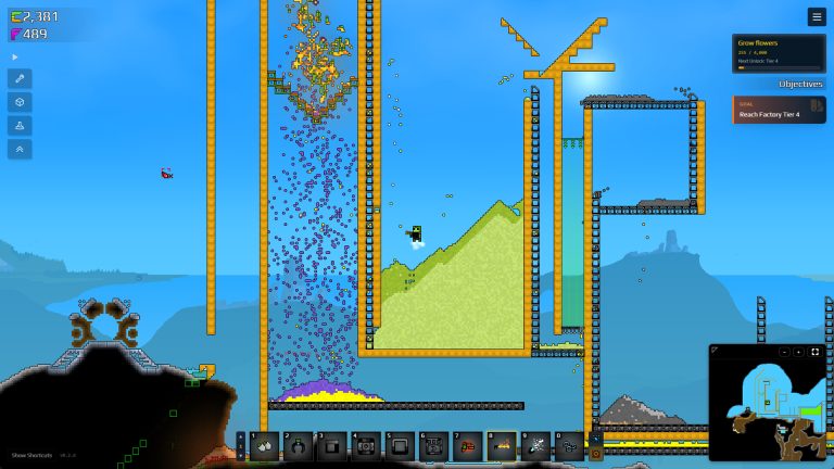 A Sandustry launch-build factory moving several resources through vertical and horizontal production routes