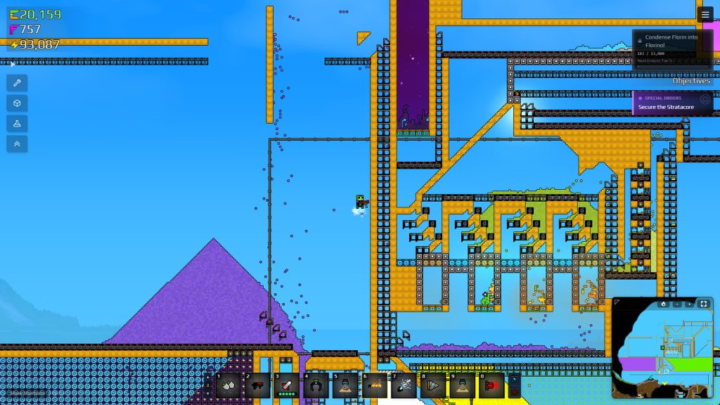 A Sandustry launch-build factory processing purple Florin and liquid Florinol beside belts and pipes