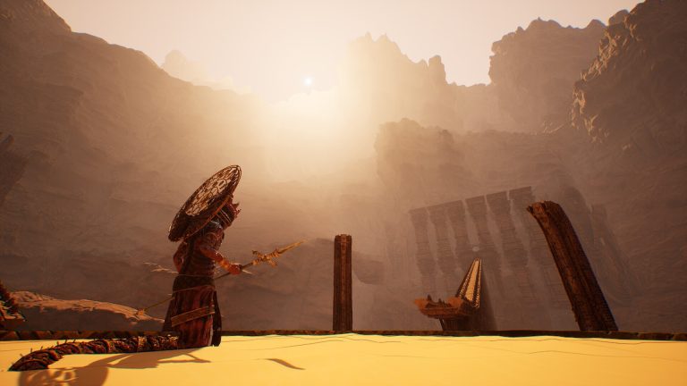 A lone scion crossing the sunlit desert ruins in Serpent's Gaze