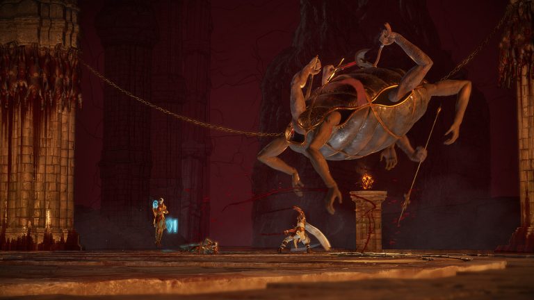 A Serpent's Gaze party fighting a many-armed boss in a red arena