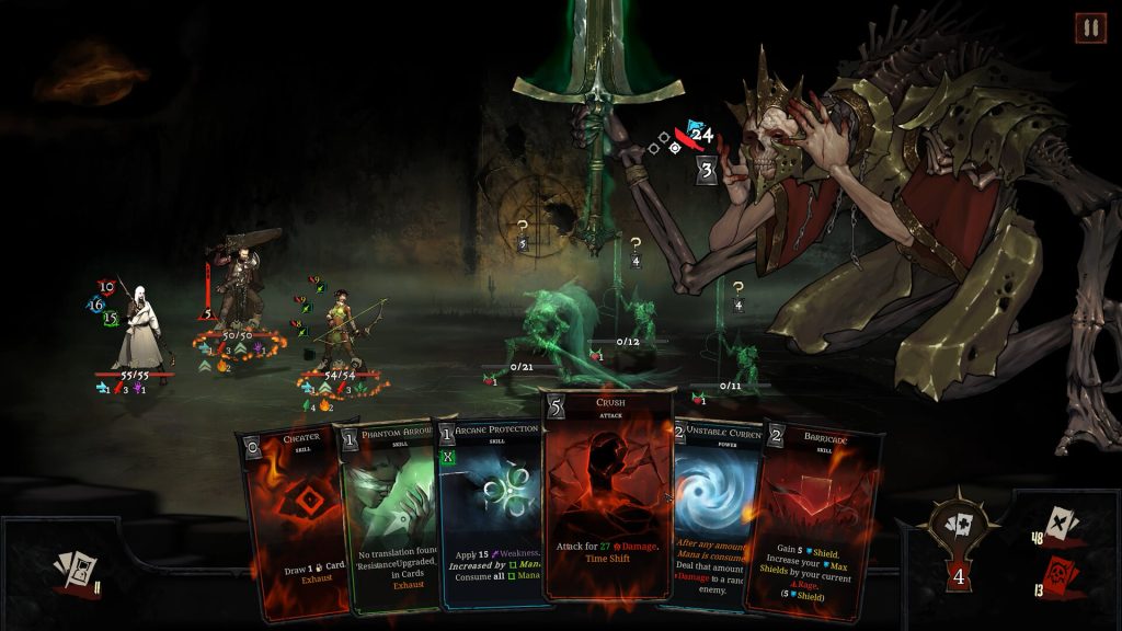 Shards of Order party facing a large boss while managing cards and Time