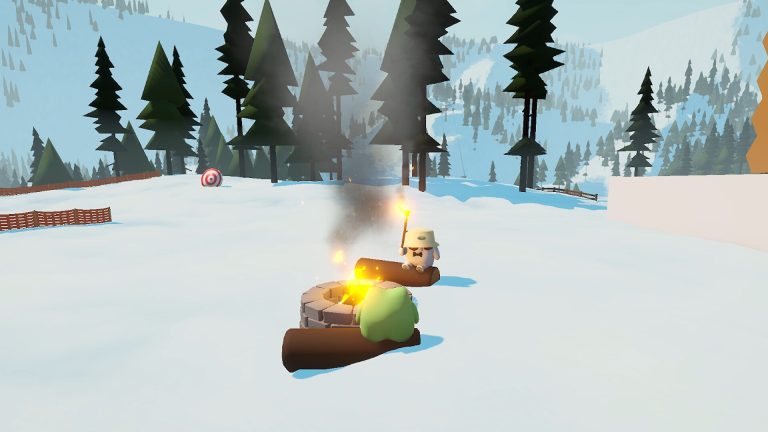 Sledding Game players using a campfire area near a snowball target