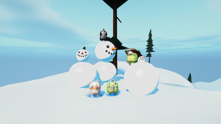 Several customized Sledding Game animal characters posing with snowmen