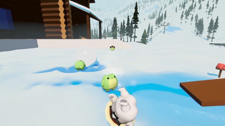 Sledding Game characters beside small ice holes near the lodge
