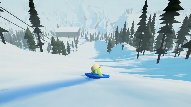 A Sledding Game player descending a long open slope toward the lodge