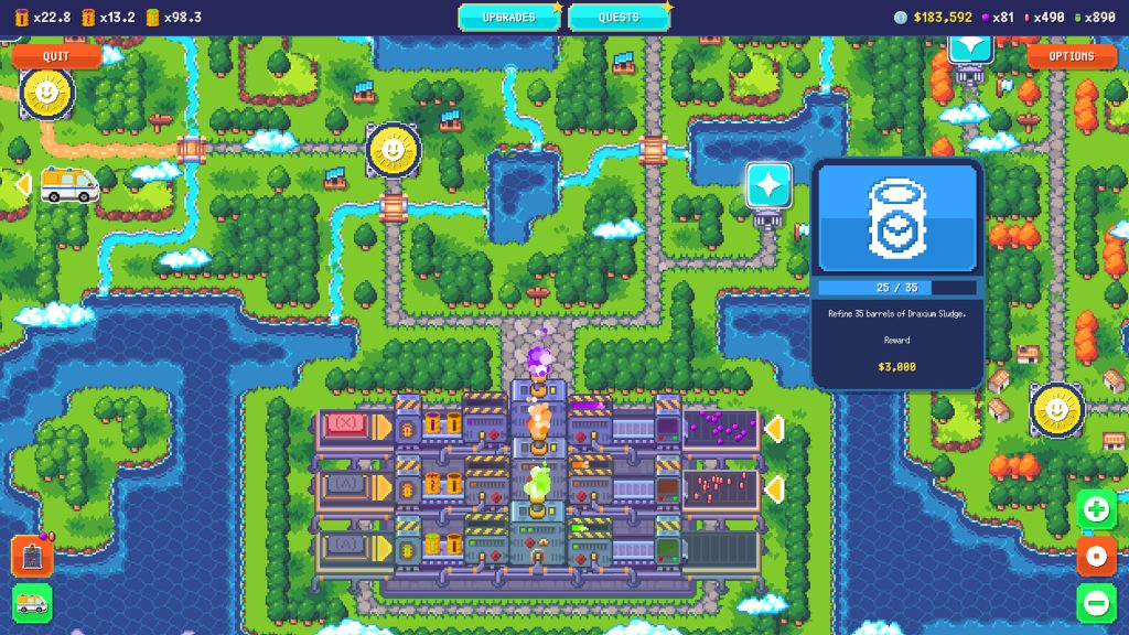 Sludgineers world map showing refinery conveyors, job nodes, and a vacuum upgrade panel