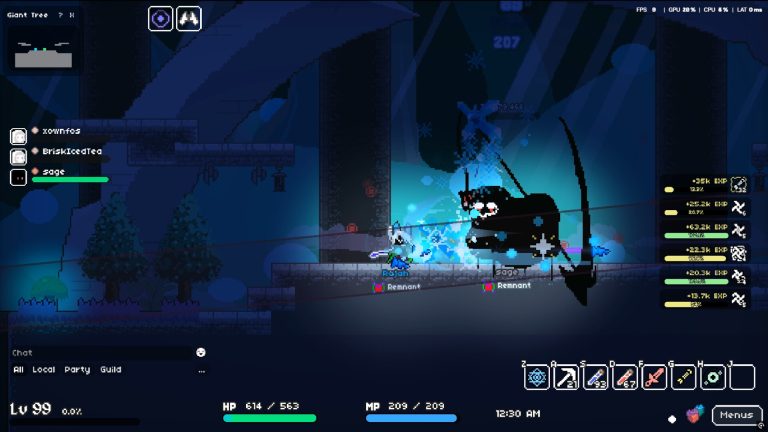 A Soul's Remnant party fighting a large dungeon boss inside the Giant Tree