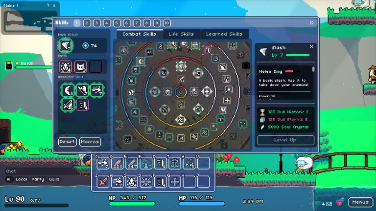 The Soul's Remnant Skills window showing the circular skill tree and an active Slash skill
