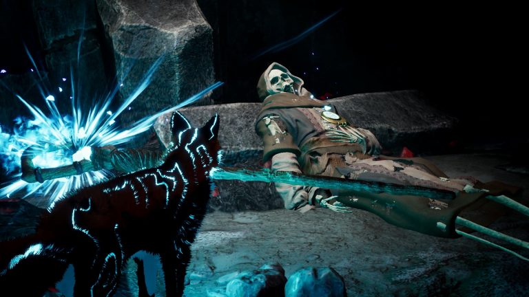 The red fox awakening a shaman beside a glowing staff in Spirit of the North