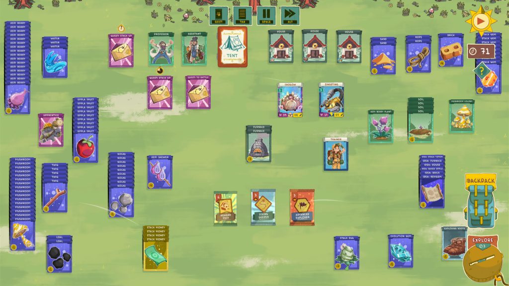 A developed Stackmon board with creatures, structures, packs, and mission counters