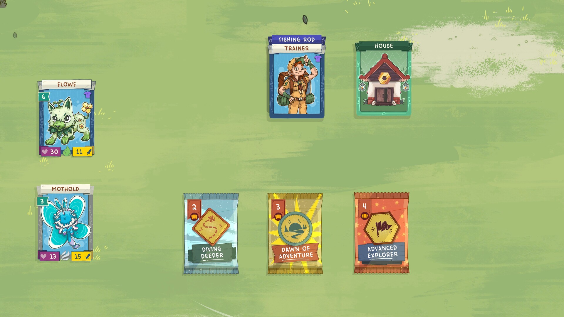 An official Stackmon board with Flowf beside a Trainer, House, and booster packs