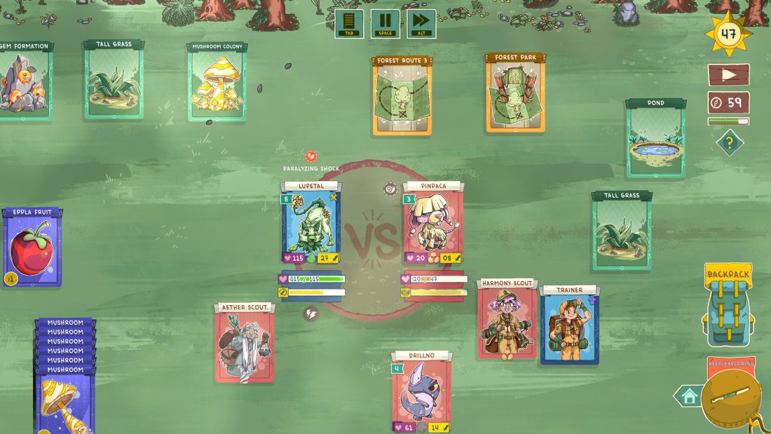 Stackmon creatures facing an automatic battle in the Forest Park biome