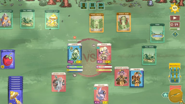 Stackmon creatures facing an automatic battle in the Forest Park biome