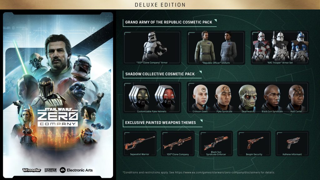 Official Star Wars Zero Company Deluxe Edition artwork showing cosmetic armor, tattoos, and weapon themes