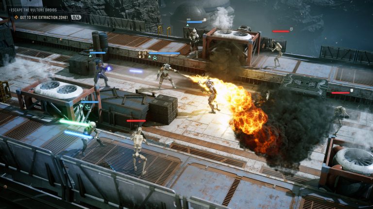An isometric Star Wars Zero Company battle with four Operators fighting across a damaged platform