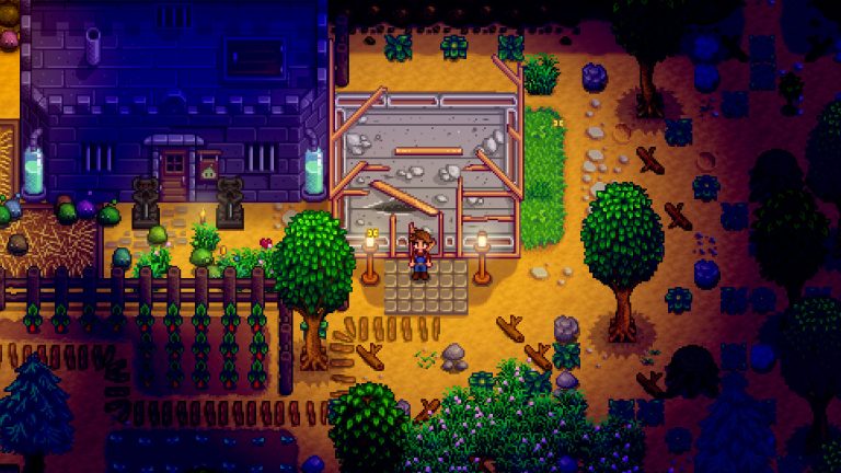 The abandoned Community Center beside an unfinished farm building in Stardew Valley