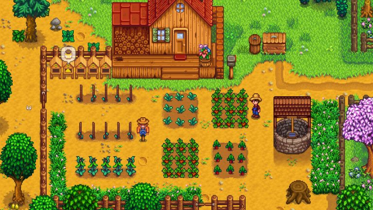 Two farmers tending a compact spring crop field beside bee houses in Stardew Valley