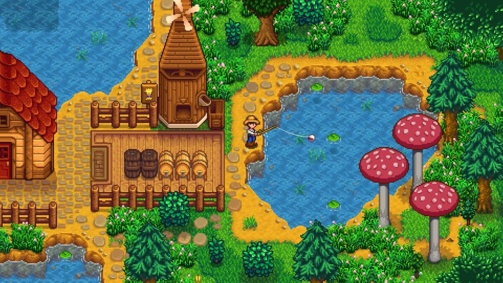 A Stardew Valley farmer casting a fishing line into a forest pond beside giant mushrooms