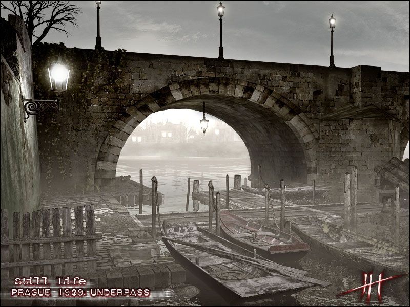 Official Still Life screenshot of boats beneath a stone bridge in 1920s Prague