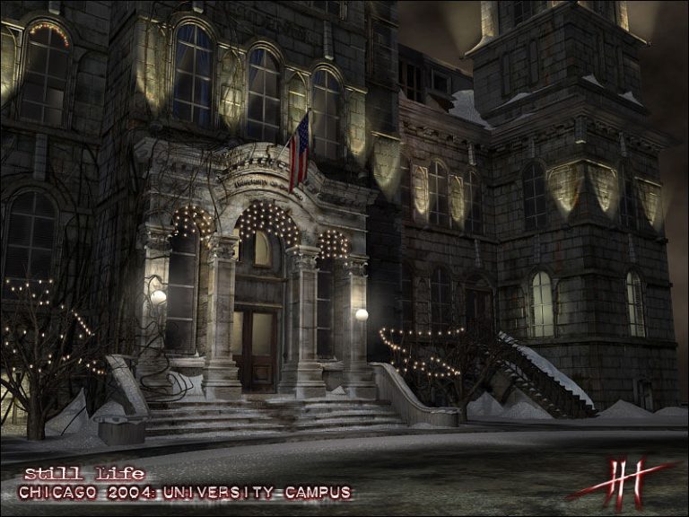 Official Still Life screenshot of the university campus at night in Victoria McPherson's Chicago investigation