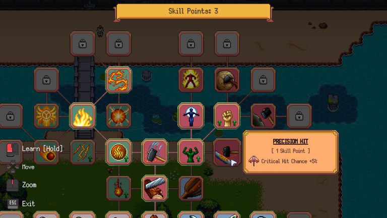 The skill tree and Precision Hit skill in Suncraft