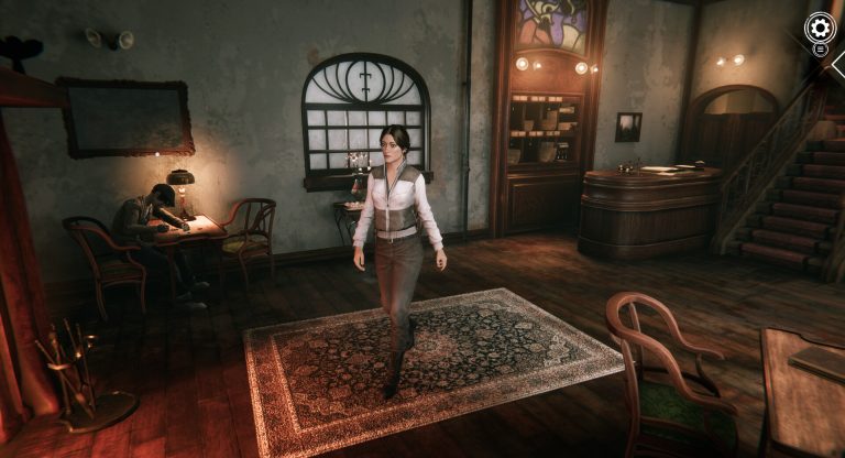 Kate Walker crossing the Valadilene hotel lobby in Syberia - Remastered