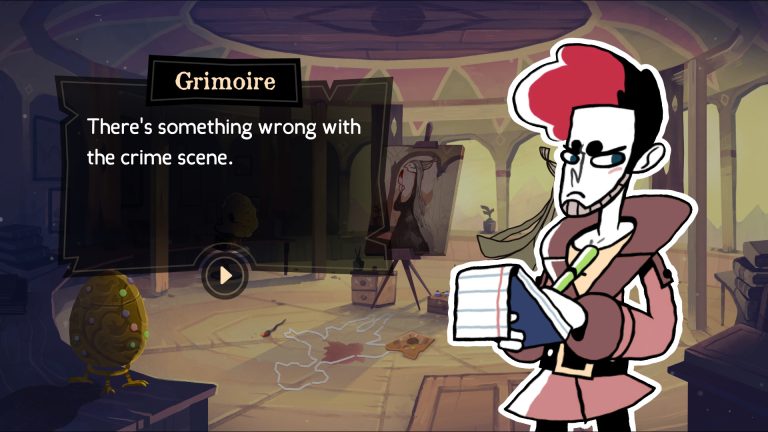 Detective Grimoire examining the crime scene in Flora's Tower