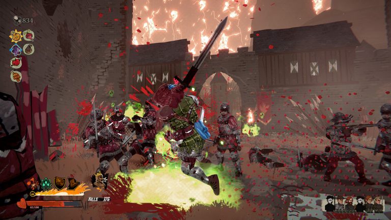 A Tears of Metal hero fighting a huge armored enemy in a crowded fortress