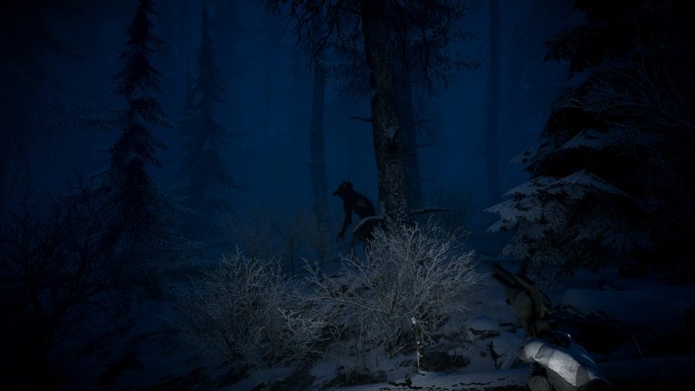 The Pale Mimic watching from the dark forest between trees