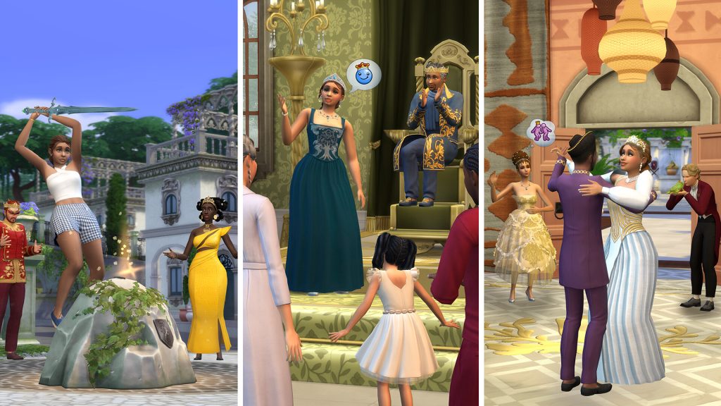 The Sims 4 Royalty and Legacy scenes showing Simcalibur, a ruler on a throne, and a royal wedding