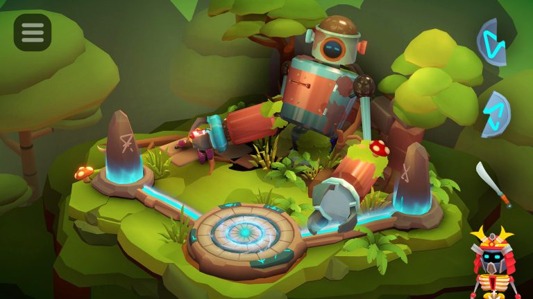 Tiny Robots Portal Escape robot exploring a forest planet
