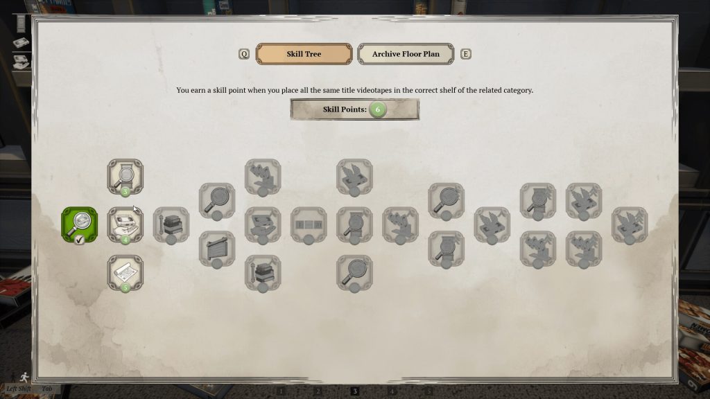 The launch skill tree in TV Archive Tidy Up Together with six unspent skill points