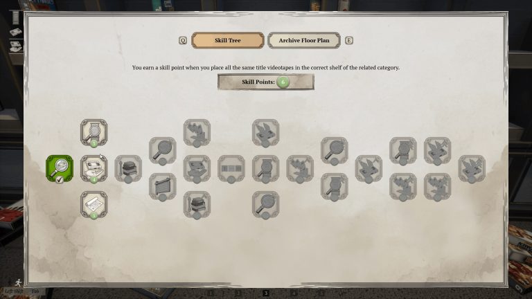 The launch skill tree in TV Archive Tidy Up Together with six unspent skill points