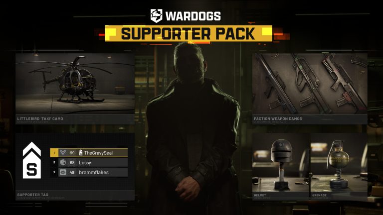 Official WARDOGS Supporter Pack overview showing weapon camos, helicopter camo, scoreboard icon, and bobbleheads