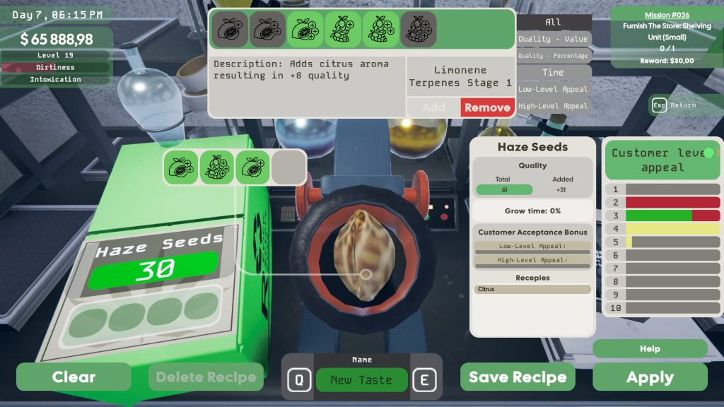 Strain recipe screen showing quality, upgrades, and customer level appeal
