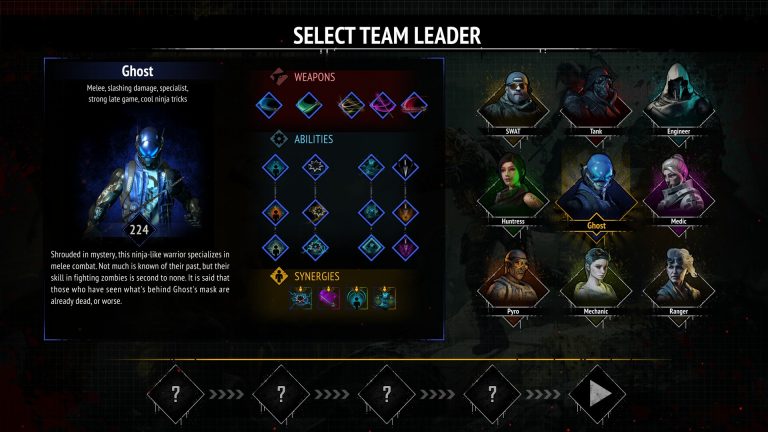 Version 1.0 team leader screen showing nine Survivors and synergy icons