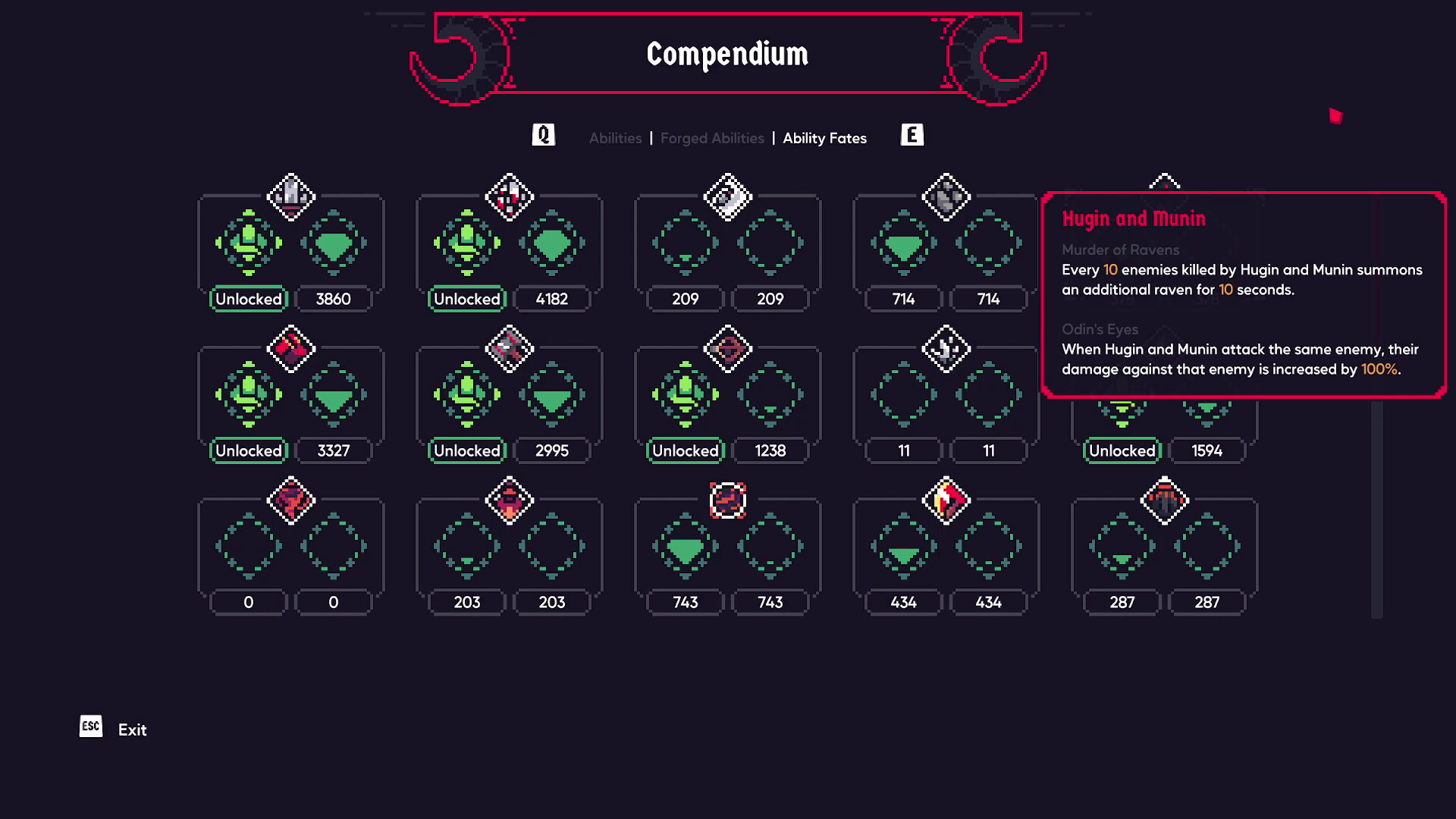Capture officielle d’Asgard's Fall montrant le Compendium et ses onglets Abilities, Forged Abilities et Ability Fates