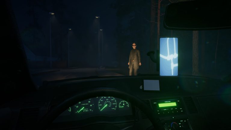 A Backseat passenger sitting behind the taxi driver at night