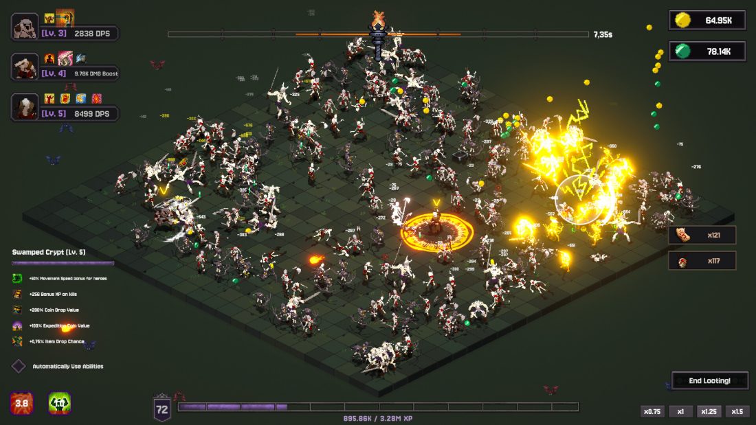 Bones and Coins heroes fighting a large skeleton wave in Swamped Crypt