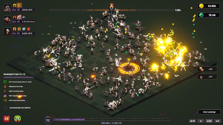 Bones and Coins heroes fighting a large skeleton wave in Swamped Crypt
