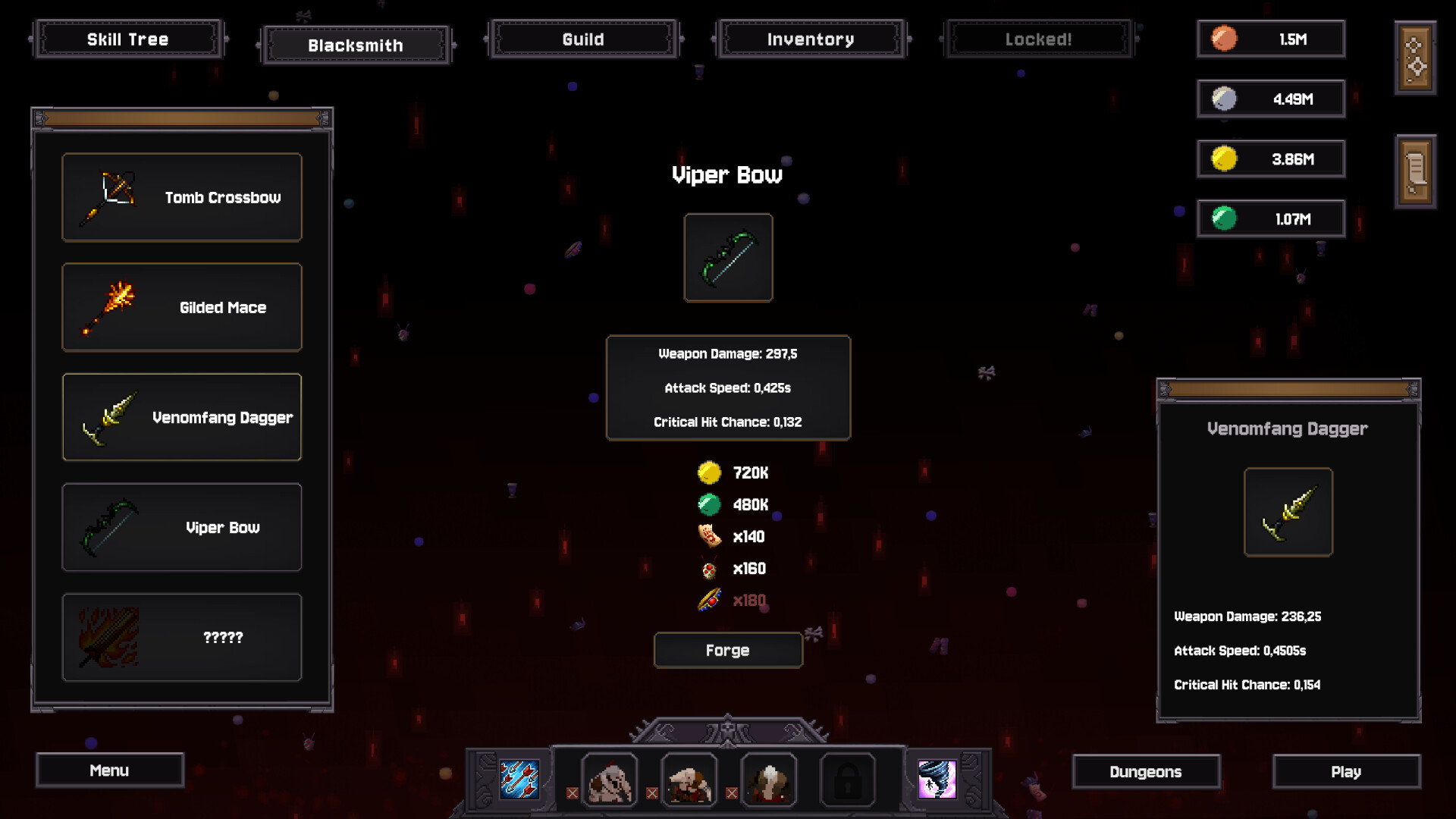 Bones and Coins Blacksmith showing locked weapons and a forge recipe