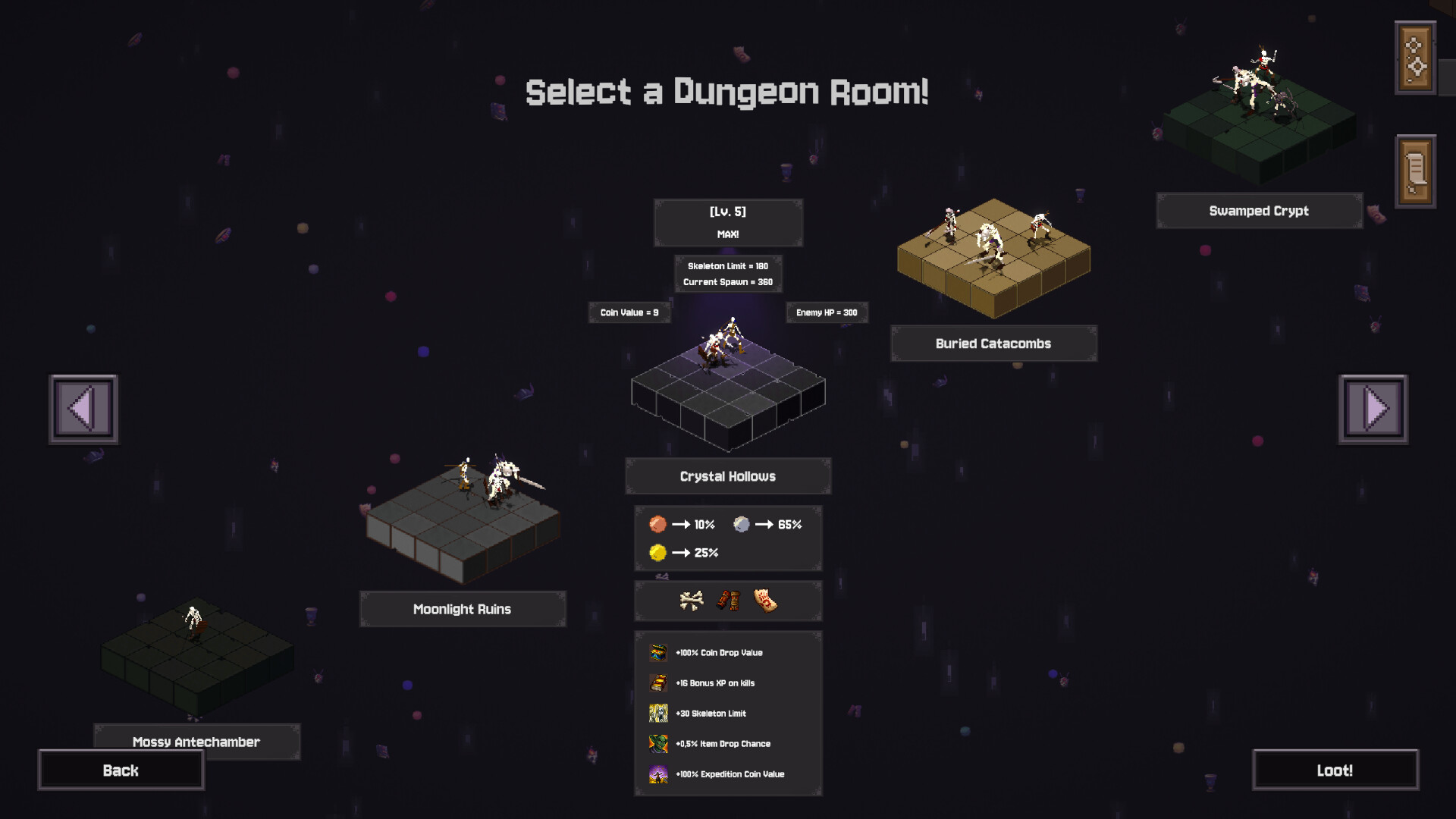 Bones and Coins dungeon selection screen showing several room cards
