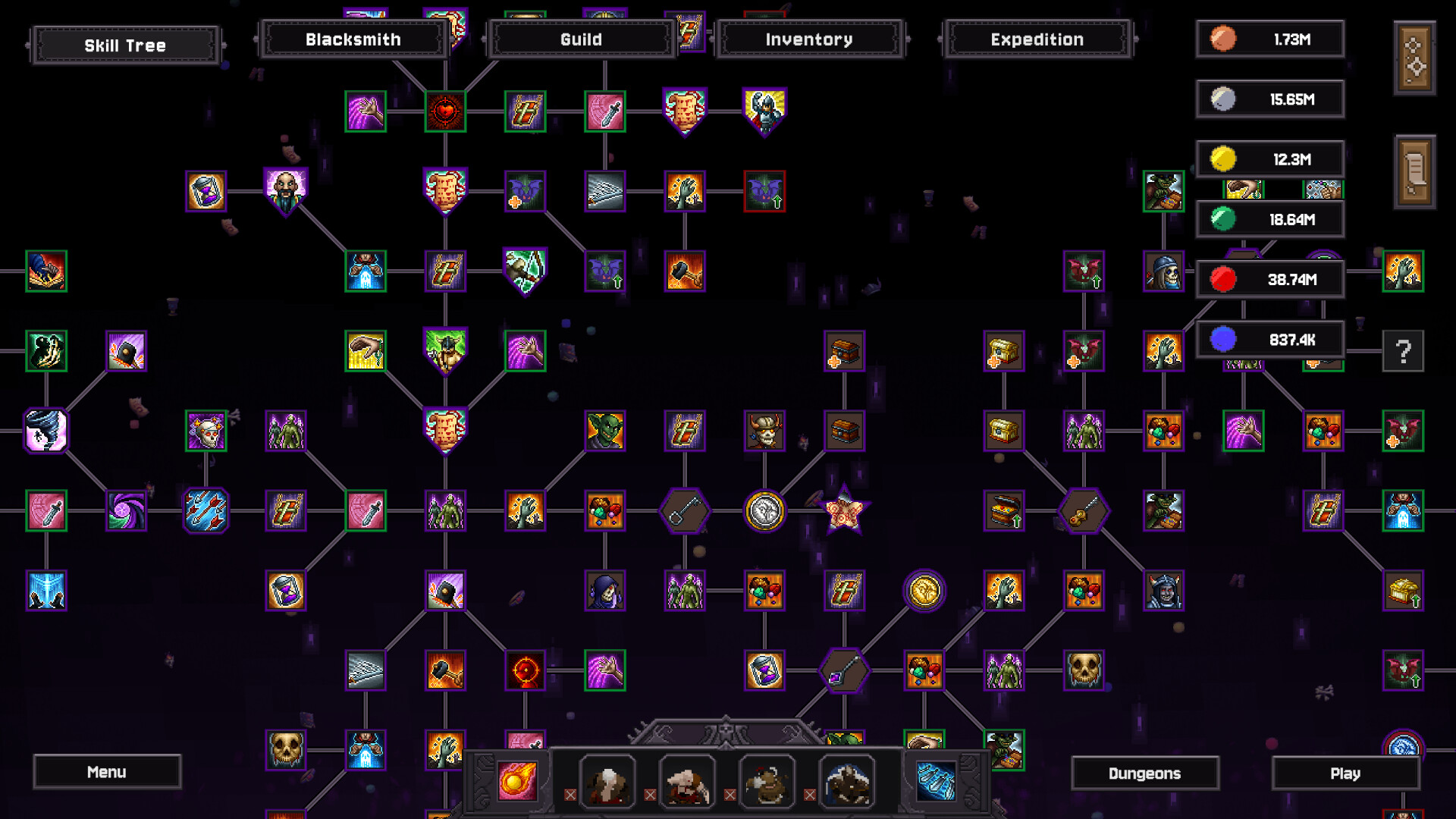 The expanded Bones and Coins Skill Tree with upgrade branches and currency costs