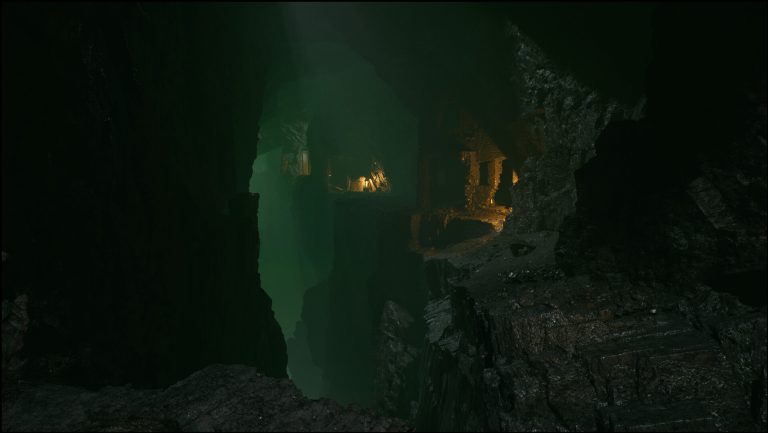 Official Cosmic Fear screenshot of a dark ancient cavern with a lantern-lit path