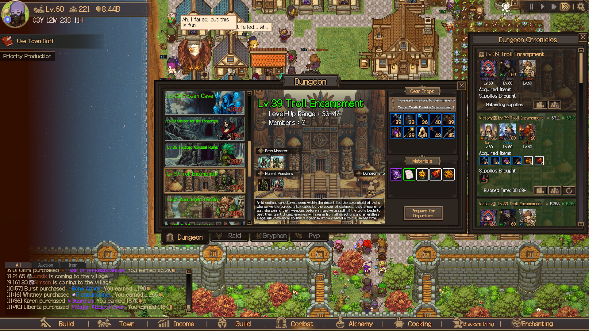 Official Creator Chronicles screenshot showing a standard dungeon selection, party information, supplies, and Dungeon Chronicles results