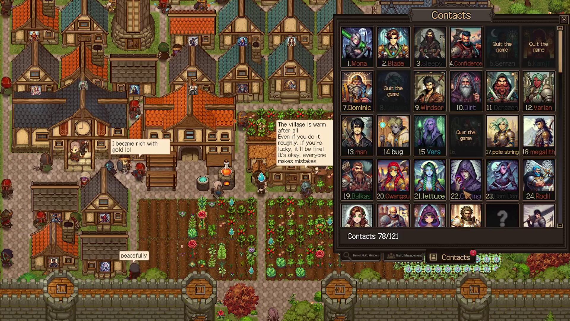 Official Creator Chronicles screenshot showing a large contacts roster with recruited, undiscovered, and departed guild members
