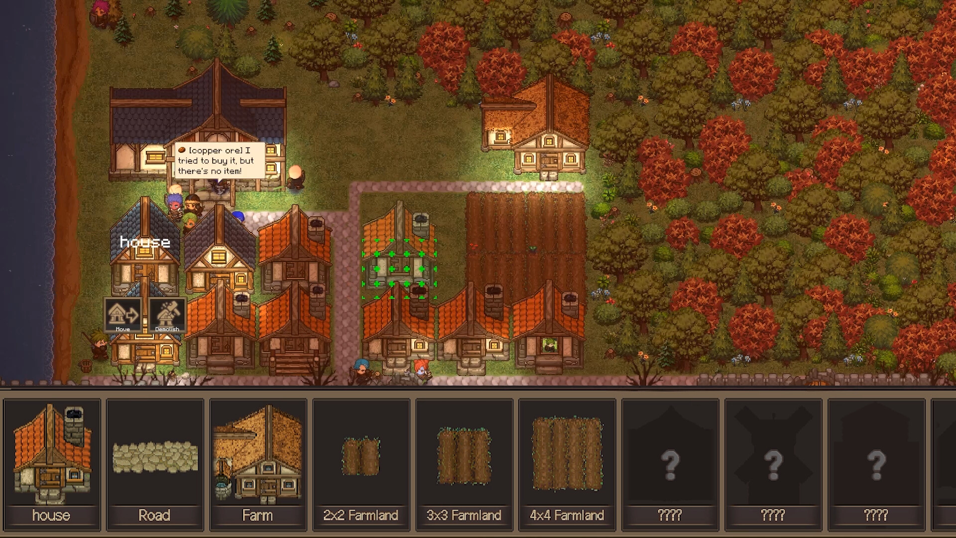 Official Creator Chronicles screenshot showing houses, roads, a farm, farmland, and move and demolish controls